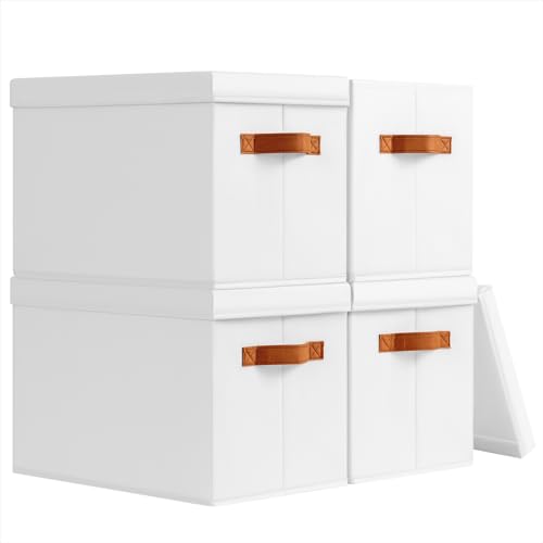 Homsorout Storage Bins with Lids - Fabric Storage Baskets for Shelves, 4 Pack Foldable Decorative Boxes with Handles, Stackable Organizer Bins for Home, Nursery, Dorm, White - color: White, size: L(4-Pack)