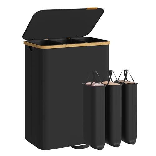 SONGMICS Laundry Hamper, Laundry Sorter with Lid, Storage Basket Bin, Removable Liners, Bamboo Frame, for Bedroom, 3 Sections, 44.9 Gal. (170 L), Ink Black ULCB533BH01 - color: Ink Black, size: 170 L (3-Section)