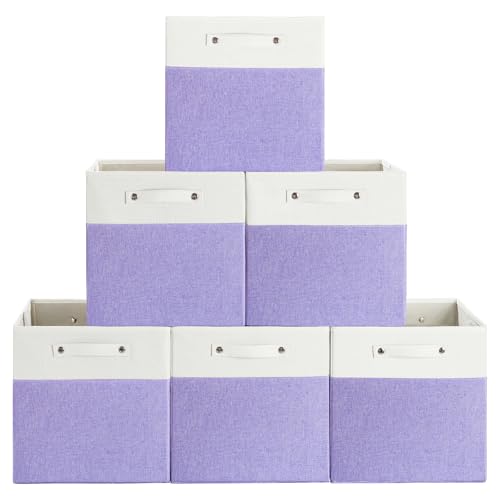 FinishingBo 13 x 13 Inch Fine Linen Storage Bins with Handles，Fabric Cube Boxs，Basket Organizers for Shelves for Home, Closet Drawers (White/Purple-6 Pack) - color: White/Purple-6 Pack