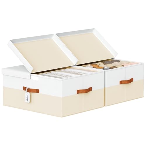 Homsorout Large Toy Box with Lid - 2 Pack Toy Storage Organizer Chest with Double-Open Lid & Divider, Stackable Colthes Storage Organizer, Foldable Toy Bin with Label Tag for Nursery, Playroom - color: white with beige, size: 2 Pack