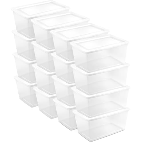 Sterilite 16 Pack Storage Box, 90 Quart Stackable Tote, Clear Plastic Container with Secure Snapping Lids for Home and Office Organization, White - size: 90 Quart, style: 16