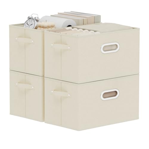 Foldable Cloth Basket with 4 Handles, Decorative Open Storage Boxes, Stackable Cube Organization, Fabric Bins for Shelves, Closet, Living Room, 13x9.1x7.9in, Beige, 4 Pack - color: Beige, size: 13x9.1x7.9 in(4 Pack)