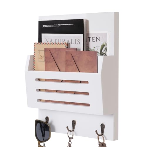 Key and Mail Holder Wall Mount, 2-Slot Wooden Mail Organizer with 3 Key Hooks, Decorative Mail Sorter Wall Mounted, Rustic Key Rack Hanger for Entryway, Farmhouse, Home Decor, White - color: White