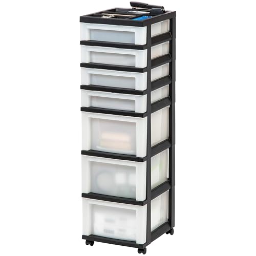 IRIS USA Plastic Drawer Storage Organizer Rolling Cart, with Wheels Casters, 2-Pack, 7-Drawers, for Classroom Art Craft Supplies Dresser Closet Bathroom Laundry Room, Black/Pearl - color: Black, size: 7 Drawer with Wheels - 2 Pack