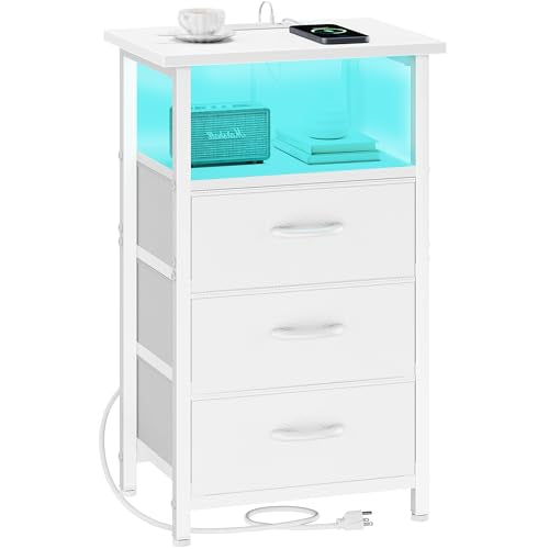 Vagusicc Night Stand with Charging Station, LED Nightstand for Bedroom, White Bedside Table with 3 Fabric Drawers, End Table Side Table with USB Ports and Outlets, Bed Side Table for Bedroom, White - color: White, size: 1 Piece, style: With LEDs