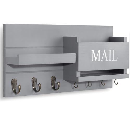 Lwenki Mail Organizer for Wall Mount – Key Holder with Shelf Includes Letter Holder and Hooks for Hallway Farmhouse Decor – Rustic Wood with Flush Mounting Hardware (16.5” x 9.1” x 3.4”) (Gray) - color: Gray