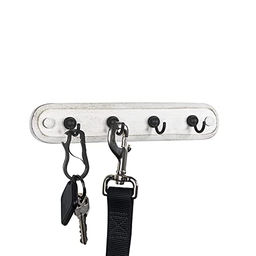 Spectrum Farmhouse Key Holder Wall Mount Rack for Entryway Garage Mudroom Hanging Organization, Easy Install Rustic Key Ring Holder Rack for Keychains Rings & Fobs, White Washed with Black Hooks