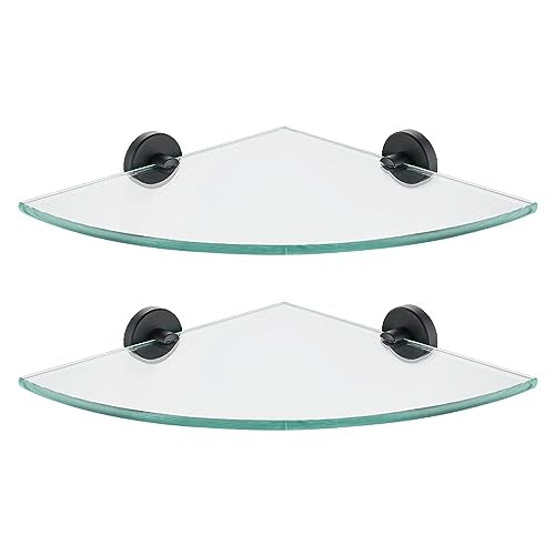 JQK Corner Glass Shelf Black, Bathroom 304 Stainless Steel Shower Triangle Floating Wall Shelf, 10 x 10 Tempered Glass, 2 Pack, TGS190L10-PB-P2 - color: Black, size: 2 Pack