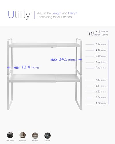 Nxconsu 2 Pack Cabinet Shelf Organizer Stackable 2-Tier Wide 10.5" Depth, Expandable Width (13.4"–24.8"), 10-Level Adjustable Height, Metal Counter Shelf Riser for Cupboard Pantry Countertop, White - size: Wide Depth (10.5") - 2 Pack