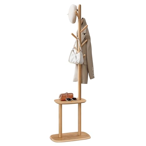 VASAGLE Coat Rack, Free Standing Coat Stand, Hall Coat Tree with 8 Hooks and Storage Shelf, 67.2 Inch Tall, for Coats, Hats, Bags, for Entryway, Hallway, Bedroom, Natural Beige URCR040N02 - color: Natural Beige, style: rectangular tray