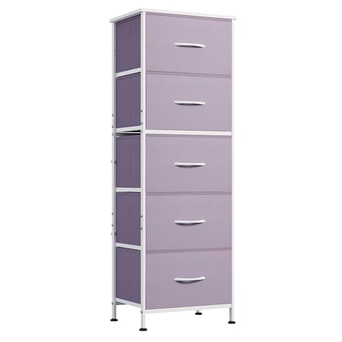 WLIVE Fabric Dresser, 5-Drawer Tall Dressers for Bedroom, Storage Dresser Organizer with Fabric Bins, Wood Top, Sturdy Steel Frame, Chest of Drawers for Closet, Hallway, Purple - color: Purple