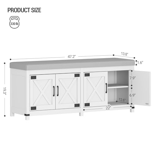 Hzuaneri Shoe Storage Bench, 2 Tier Shoe Bench with Padded Seat Cushion & 4 Barn Doors, Entryway Bench with Adjustable Shelf, Farmhouse Shoe Cabinet for Living Room, Bedroom, White SB31203GY - color: White, size: 47.2"W