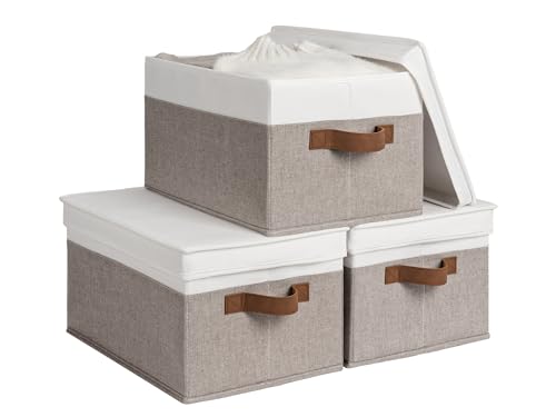 StorageWorks Storage Bins with Lids, Decorative Storage Boxes with Lid and PU Handles, Foldable Storage Baskets for Closet, Shelves, Stackable, Brown and White, 3-Pack - color: Brown and White, size: Large