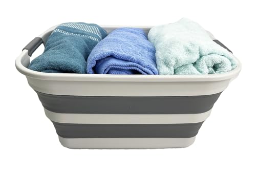 SMMART Collapsible Plastic Laundry Basket with Handle/Foldable Pop Up Storage Hamper/Portable Laundry Organizer-Space Saving Washing Tub/Household Storage Supplies (Grey/Steel Grey, 27L) - color: Grey/Steel Grey, size: 27L