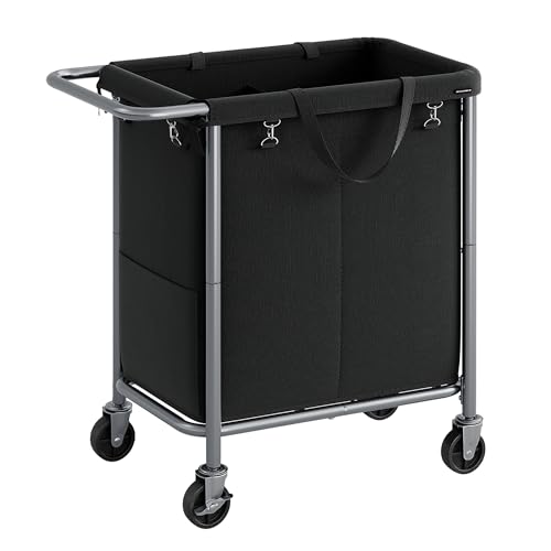 SONGMICS Laundry Basket with Wheels, 2-Section Rolling Laundry Hamper, 37 Gallons (140 L), Removable Liner, Steel Frame with Handle, 27.2 x 15.4 x 31.9 Inches, Ink Black URLS004B01 - color: Ink Black, size: 140 L (2-Section), style: Rectangular with handl