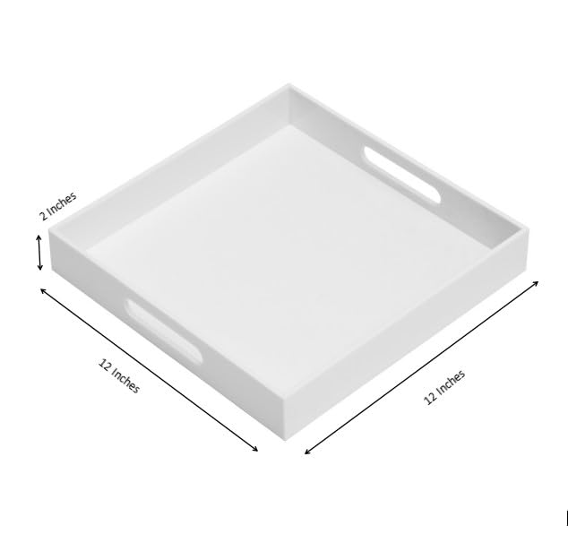 Glossy White Sturdy Acrylic Serving Tray with Handles-12x12Inch-Serving Coffee,Appetizer,Breakfast,Butler-Kitchen Countertop -Cosmetics Organizer-Vanity Table Tray-Ottoman Tray-Decorative - color: Glossy White, size: 12" x 12" x 2"