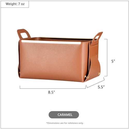 Decorative Faux Leather Basket,Small Catchall Basket for Entryway Bedside Dresser End table,Foldable Rectangle Tray Organizer Box,Set of 2,Caramel - color: Caramel(2-Pack)