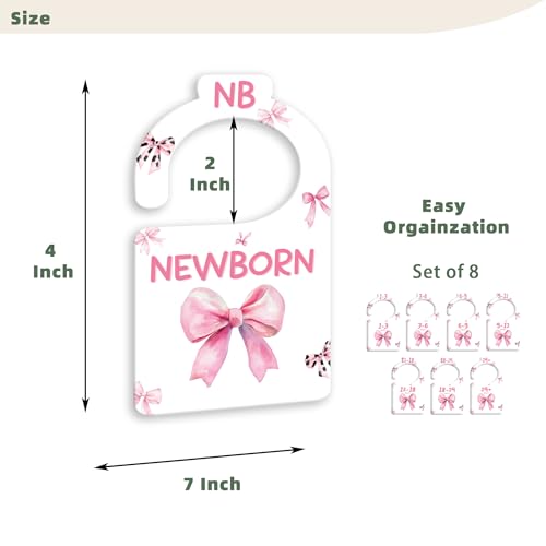 JMOST Pink Bows Baby Closet Dividers for Nursery Closet Organizer, Newborn to 24 Months Size Clothes, Hangers with Size Dividers, Double Sided - color: Watercolor Pink