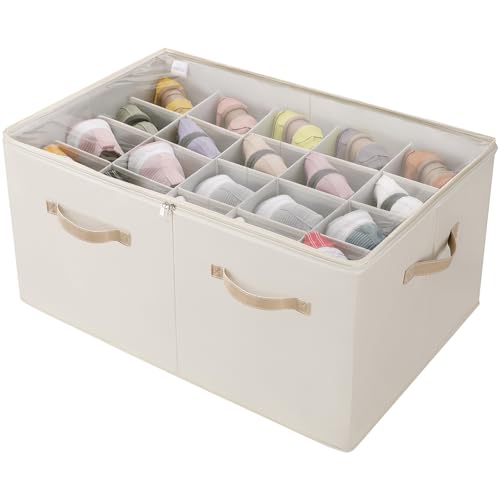 TOPIA HOME Shoe Organizer for Closet, Foldable Shoe Box with Adjustable Dividers and Clear Cover, Space Saving Shoe Storage Organizer Cabinet with Reinforced Handles, Fits 20 Pairs, Beige TP10Y - color: Beige, size: Extra Large(26.5''L x 16.54''W x 13.5''
