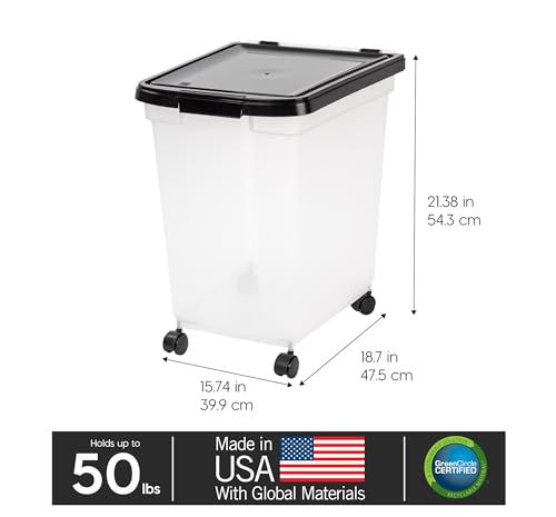 IRIS USA 50 Lbs / 65 Qt WeatherPro Airtight Pet Food Storage Container with Removable Casters, for Dog Cat Bird and other Pet Food Storage Bin, Keep Fresh, Translucent Body, Easy Mobility, Clear/Black