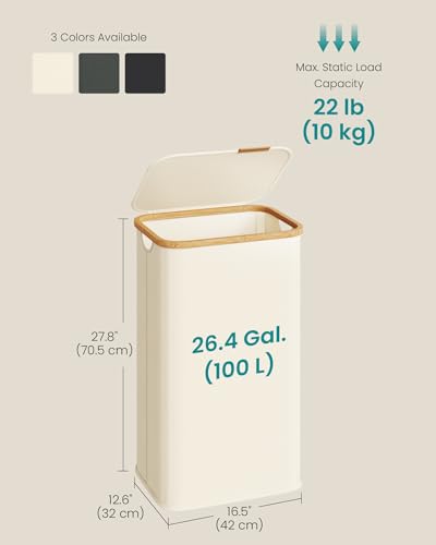 SONGMICS Laundry Hamper, Laundry Basket with Lid, Foldable Storage Basket, Bamboo Frame, for Bedroom, Living Room, Oxford Fabric, 26.4 Gal. (100 L), Cream White ULCB518WD01 - color: Cream White, size: 100 L (1-Section)