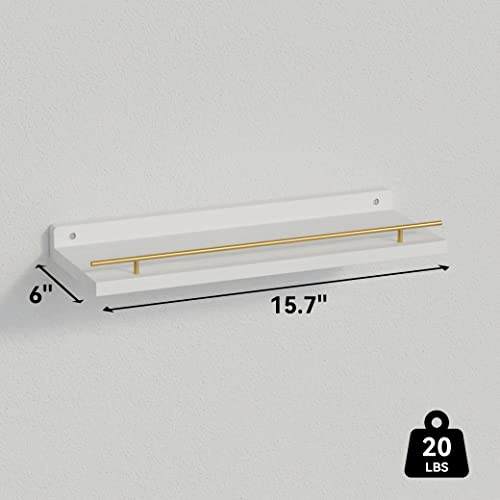 WOPITUES Floating Shelves with Gold Metal Guardrail, Shelves for Wall Decor Set of 3, Wall Shelves for Bedroom, Bathroom, Kitchen, Living Room, Plants, Picture Frames, Art- White and Gold - color: White and Gold, size: 15.7 inch