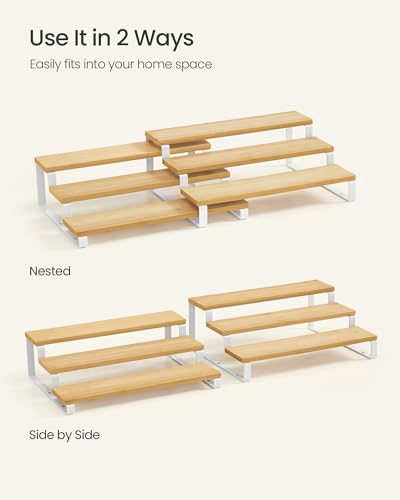 SONGMICS Display Risers, Set of 2 Engineered Wood Perfume Organizer Stand, 3-Tier Cupcake Stand Holder, Spice Rack, Shelf Risers for Figures, Dessert Shelves, Natural Beige and Cloud White UKCS016N02 - color: Natural Beige + Cloud White, size: 3 Tiers