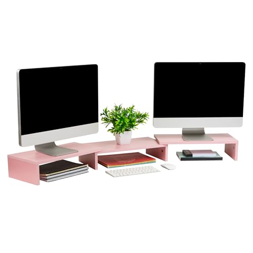 Mind Reader Dual Monitor Stand, Desktop Organizer, Laptop Riser, Office, MDF, 51.25"L x 9.25"W x 4.75"H, Pink - color: Pink