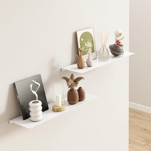 MKO 16" Floating Shelves for Wall, Metal Wall Mounted Shelf for Bathroom, Bedroom, Living Room, Kitchen, Hanging Shelves for Books/Storage/Room Decor 2 Packs, White - color: White, size: 16 IN