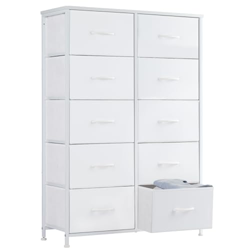 Sweetcrispy 10 Drawer Fabric Dresser Tall Chest Storage Organizer Tower with Cabinet Metal Frame and Wood Top Lightweight Closet Furniture for Bedroom,Cream White - color: White, size: 31.5"D x 11.8"W x 45.7"H (10 Drawers)