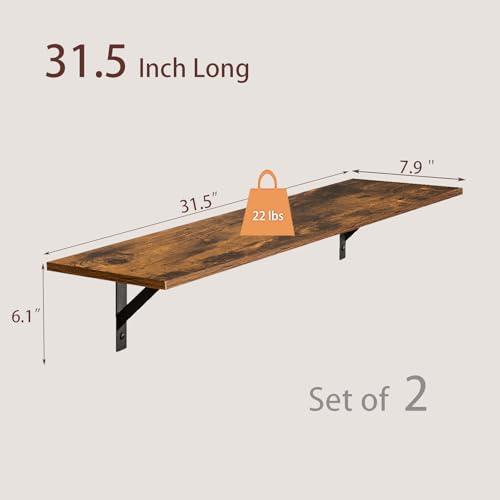 DINZI LVJ Long Wall Shelves, 31.5 Inch Wall Mounted Shelves Set of 2, Easy-to-Install, Wall Storage Ledges with Sturdy Metal Brackets for Living Room, Bathroom, Bedroom, Kitchen, Rustic Brown - color: Rustic Brown, size: 31.5 Inch
