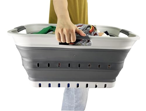 SAMMART 42L (11 gallon) Collapsible Plastic Laundry Basket - Foldable Pop Up Storage Container/Organizer - Space Saving Hamper/Basket (1, Grey/Steel Grey) - color: Grey/Steel Grey