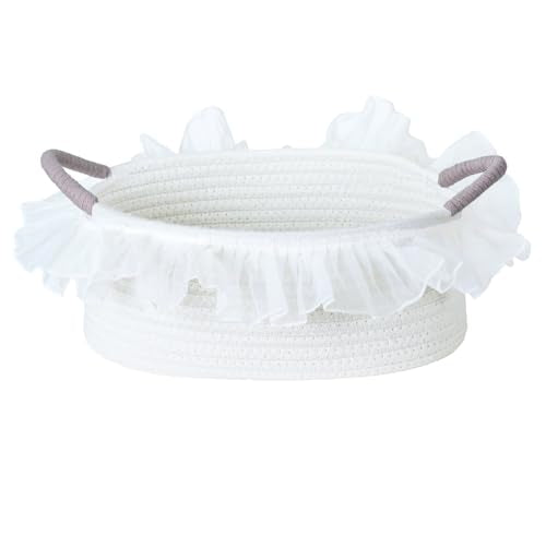 Cotton Rope Gift Basket with Handle– White Woven Storage Basket with Organza Lace, Decorative Bin for Baby Shower, Housewarming, Nursery, Toys, Towels, Baby Accessories, Easter, Holiday Gifts - color: white with handle & lace, size: Oval - 12"x8"x5"