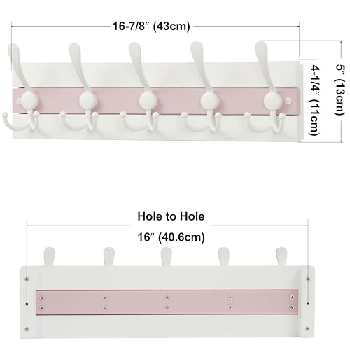 SKOLOO Coastal Wall Mounted Coat Rack - 16-7/8" Beach House Entryway Wooden Coat Hook with 5 Hooks for Hanging Coats, Hats or Towels, Oceanfront Cottage Core Collection, White & Palm Beach Pink - color: Pink & White Plates & White Hook, size: 1 Item-5 Hoo