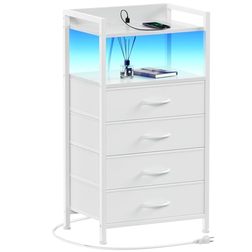Furnulem White Nightstand with Charging Station, Night Stand Side Table with Led Light, Tall Dresser for Bedroom with 4 Fabric Storage Drawers, Metal Frame, Wood Shelf(White) - color: White, style: 4 Drawer