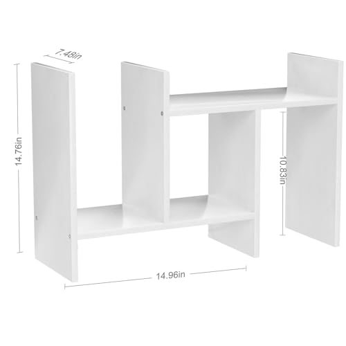 Desk Shelves Wood Desktop Orgnizer Shelf. Office Organization for Top of Desk Organizers and Accessories Bookshelf Shelving,Adjustable Tier H-Shape Mini Bookcase(White) - color: White
