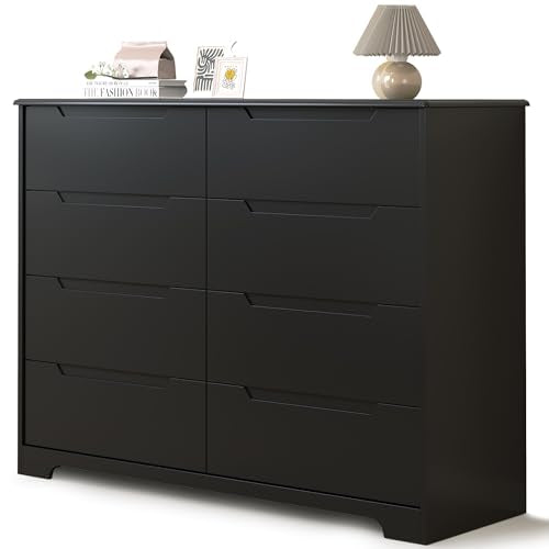 Gizoon 8 Drawer Dresser, 47" Wide Black Dresser for Bedroom with Cut-Out Handles, Modern Wooden Chest of Drawers with Anti-Tip Kit, for Living Room, Hallway, Entryway, Home Office - color: Black, size: 15.7"D x 47.2"W x 35.4"H (8 Drawers)