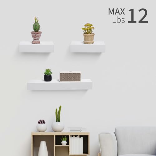 Floating Wall Shelves Set of 3 – MDF Wood Wall Mounted Shelf for Living Room, Bedroom, Bathroom, Office – Decorative Storage Racks for Plants, Photos, Books (White, Medium Set) - color: White, size: Medium Set