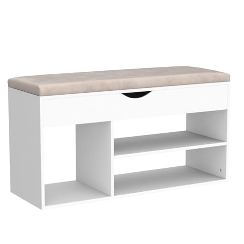 Apicizon 39 Inches Storage Bench with Padded Cushion, Shoe Bench with Storage Space, Upholstered Entryway Bench for Living Room, 2-Tier Shoe Rack Organizer, White - color: A-white, size: 39 Inch