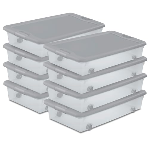 Sterilite 8 Pack Wheeled Under Bed Storage Container, 56 Qt Plastic Bin with Latching Lid for Organization - Clothes & Shoes Organizer, Silver Tint - color: Silver, size: 8 Pack
