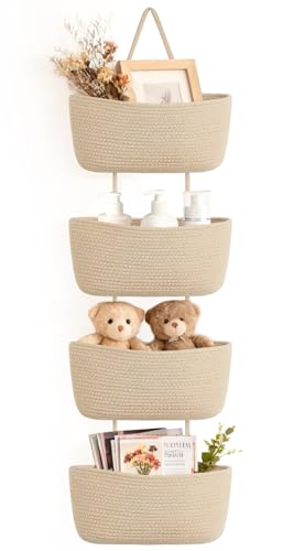 Dahey Over The Door Hanging Basket 4-Tier Woven Boho Wall Mounted Storage Organizer with Hooks for Bedroom Nursery Bathroom Apartments Dorm Pantry Decor, Jute - color: Jute, size: 4-Tier