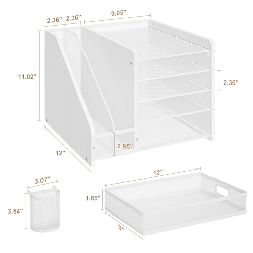 Marbrasse Desk Organizer with File Holder, 5-Tier Paper Letter Tray Organizer with Drawer and 2 Pen Holder, Mesh Desktop Organizer and Storage with Magazine Holder for Office Supplies (Wood-White) - color: Wood-White