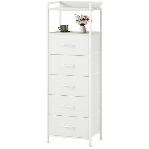 Somdot Tall Dresser for Bedroom, 5 Drawers Nightstand Vertical Storage Tower Unit, Night Stand Furniture with Fabric Drawer Organizer in Bedside Hallway, Entryway, Kids Room, Closet, White Leather - color: White Leather, size: 11.4"D x 15.2"W x 42.1"H (5