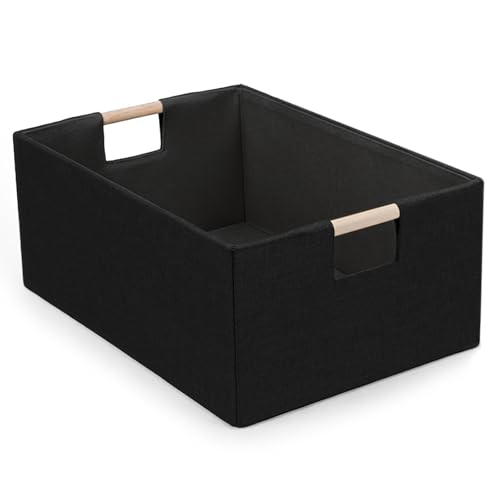Foldable Fabric Storage Basket for Shelves, Linen Decorative Storage Bin with Wooden Handles, Small Organizer Cube for Closet, Rectangle Canvas Box for Organizing, Decor, 15x10.6x6 Inches (Blcak) - color: Black
