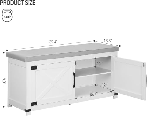 Hzuaneri Shoe Storage Bench, 2 Tier Shoe Bench with Padded Seat Cushion & 2 Barn Doors, Entryway Bench with Adjustable Shelf, Farmhouse Shoe Cabinet for Living Room, Bedroom, White SB26603GY - color: White, size: 39.4"W