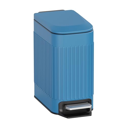 TrashAid Slim Bathroom Trash Can with Lid Soft Close, 6 Liter/1.6 Gallon Stainless Steel Small Garbage Can with Removable Inner Bucket, Step Pedal, Slim Wastebasket for Toilet, Office, Bedroom, Blue - color: Blue