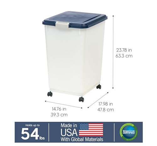 IRIS USA Dog Food Storage Container, Up to 54 Pounds, Attachable Wheels, For Dog Cat Bird and Other Pet Food Storage Bin, Keep Fresh, Easy Mobility - Made in USA, Navy - color: Navy, size: 54 lbs