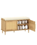 Akxomel Rattan Shoe Storage Bench with Cushion, 2-Tier Entryway Bench with Adjustable Shelves and 2 Doors, 15" D x 39.4" W x 20" H, Solid Wood Legs, for Hallway, Living Room, Bedroom, Natural Oak - size: 15"D x 39.4"W x 20"H