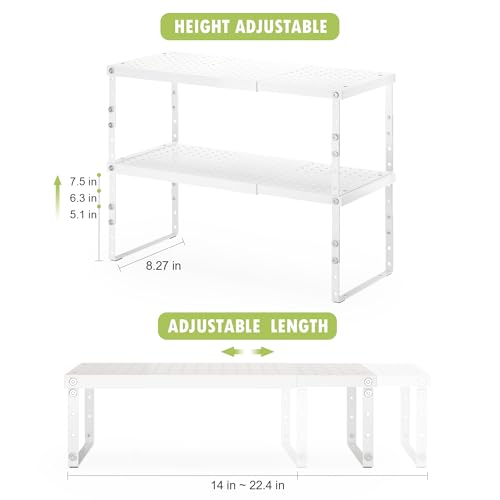 RUILALIFE Expandable Cabinet Organizer Shelf With Adjustable Height, Stackable Kitchen Countertop Organizer Rack, Adjustable Shelf Riser For Kitchen Counter, Pantry, Cupboard, Desk, Tabletop - color: White-2 Pack