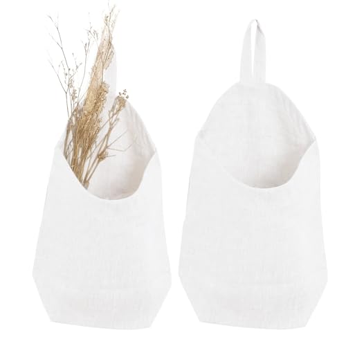 100% Linen Hanging Storage Bags Baskets 2 Pcs, Small Wall Storage Bag for Kitchen, Bedroom, RV Camper Organizer, Sewing Room, Nursery Storage, Kids Room (White) - color: White